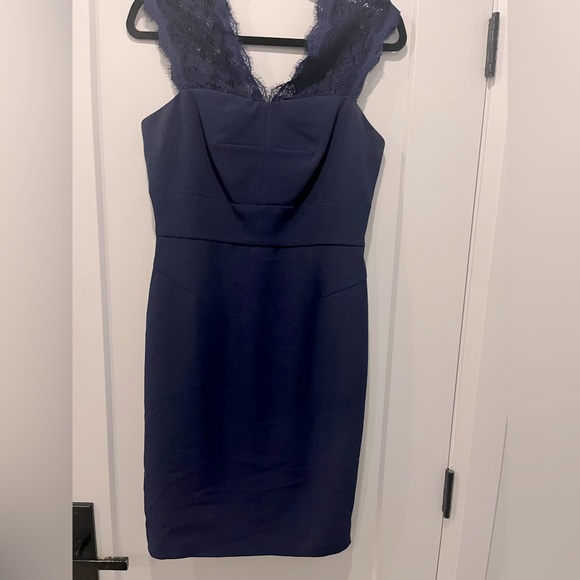 Sophisticated Midnight Blue Knee Length Dress with Lace capped sleeves / Size 4 - Picture 1 of 8